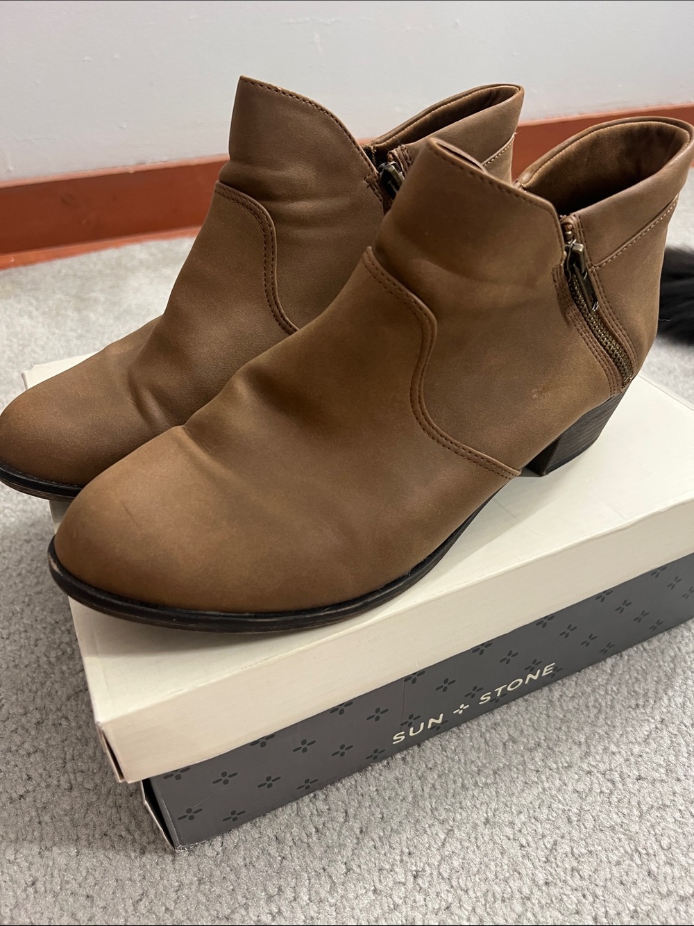 Sun + Stone Tan Brown Side-Zip Ankle Booties